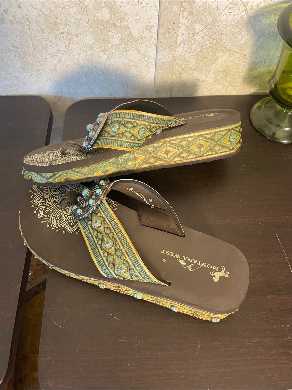 Montana West Green Brown & Turquoise Beaded Wedge Western Flip Flop Sandals